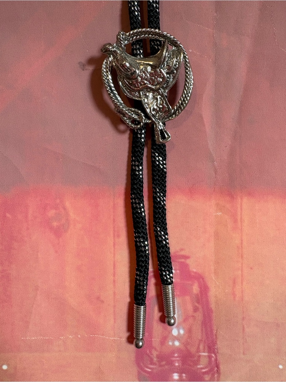 Vintage Western Saddle Bolo Tie Silver Tone Black Cord